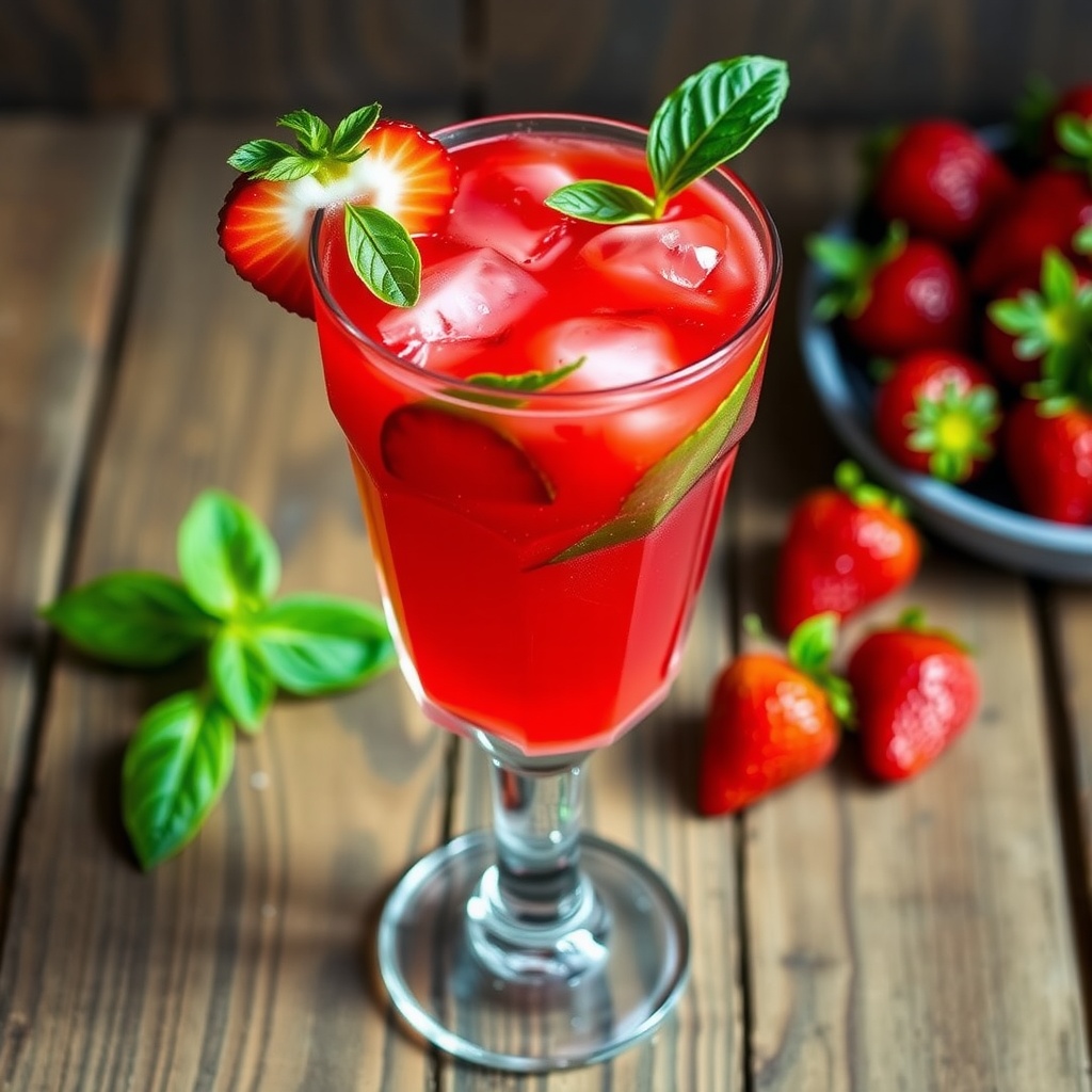 A refreshing Strawberry Basil Smash cocktail with ice, garnished with basil and strawberry on a wooden table.